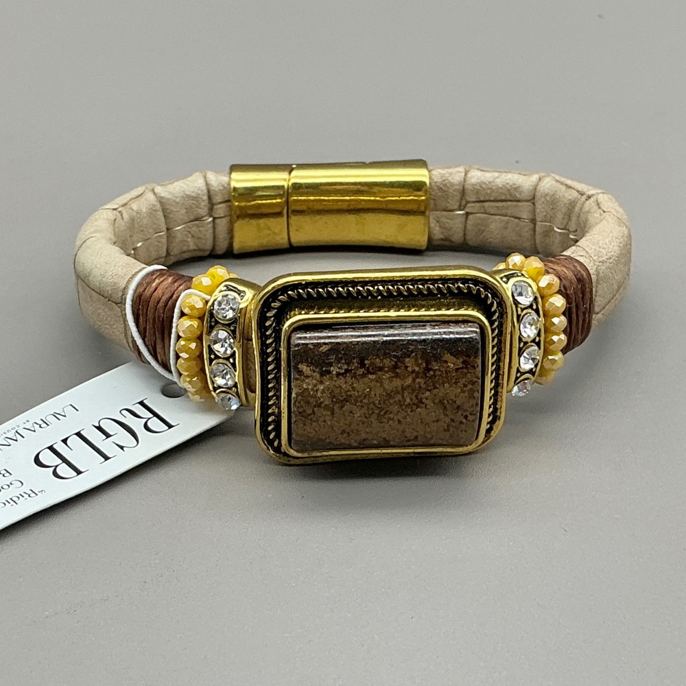 Laura Janelle Bracelet Women Tan Faux Croc Leather Magnetic Gold Tone Beaded